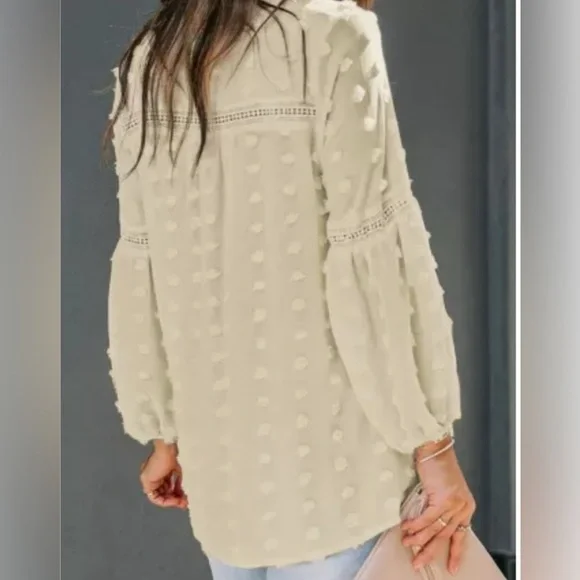 Like New Elegant Cream Swiss Dot Blouse with Lace Detailing - Picture 3 of 11